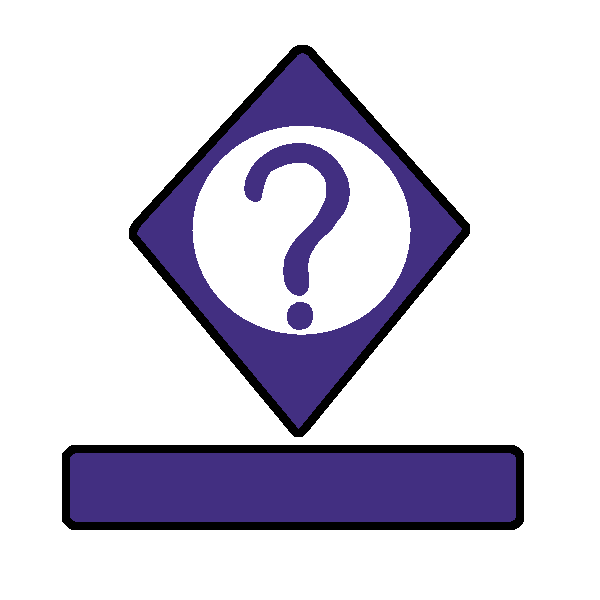 A purple kite with a white circle in the middle, and a purple question mark inside. Below it is a long purple rectangle.